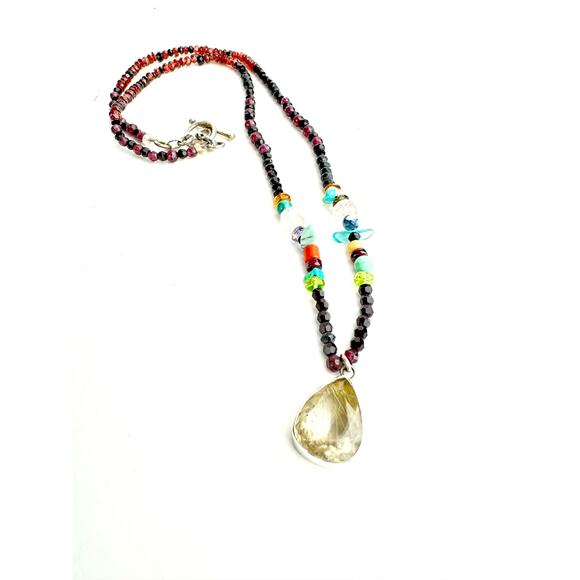 Golden Rutile Quartz Pendant Garnet Turquoise Coral Black Spinel Beaded Neckace - Picture 2 of 8